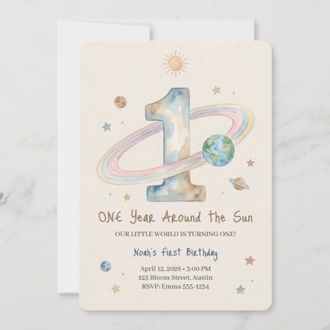 Convite One Year Around The Sun 1st Birthday Invitation (Frente)