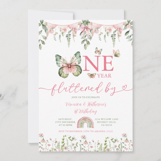 Convite One year fluttered Butterfly First Birthday Floral (Frente)