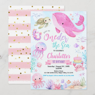 Convite Oneder A Menina do Mar 1º Aniversário Rosa Pastel