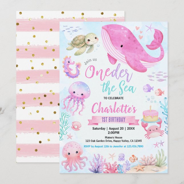 Convite Oneder A Menina do Mar 1º Aniversário Rosa Pastel (Frente/Verso)