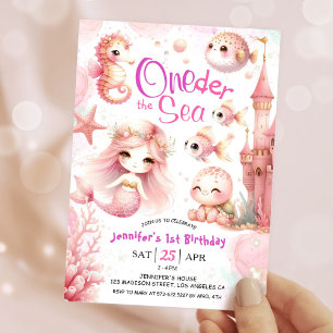 Convite ONEder O Mar! 1º Aniversário Menina Animais Marinh