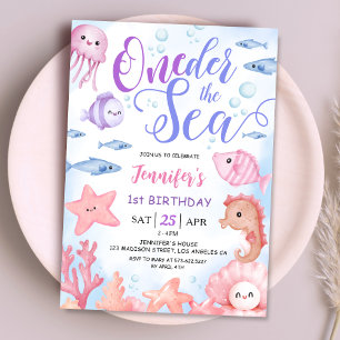 Convite ONEder O Mar! 1º Aniversário Menina Vida Marinha F