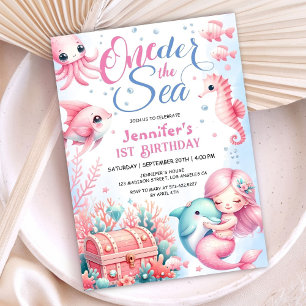 Convite ONEder O Mar! Pequena Sereia Rosa Aniversário de 1
