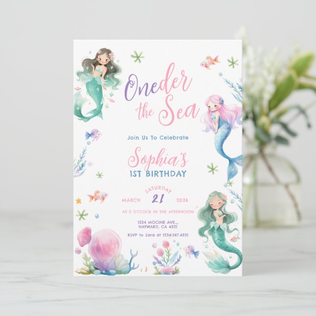 Convite ONEder the Sea Little Mermaid First Birthday (Em pé/Frente)