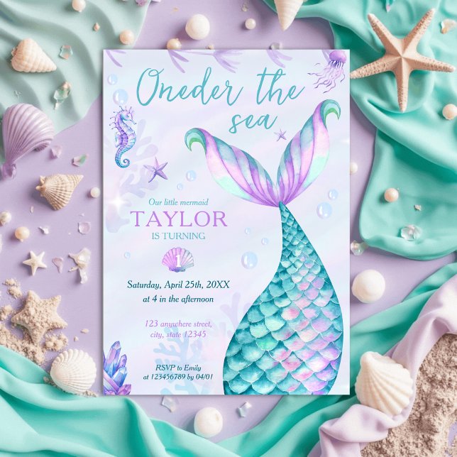 Convite Oneder the Sea Mermaid primeiro aniversario girl (Onerder the Sea - mermaid, under the sea 1s birthday invitation, foam green, lavender, blue)