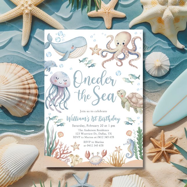 Convite Oneder The Sea Ocean Animals 1st Birthday (Criador carregado)