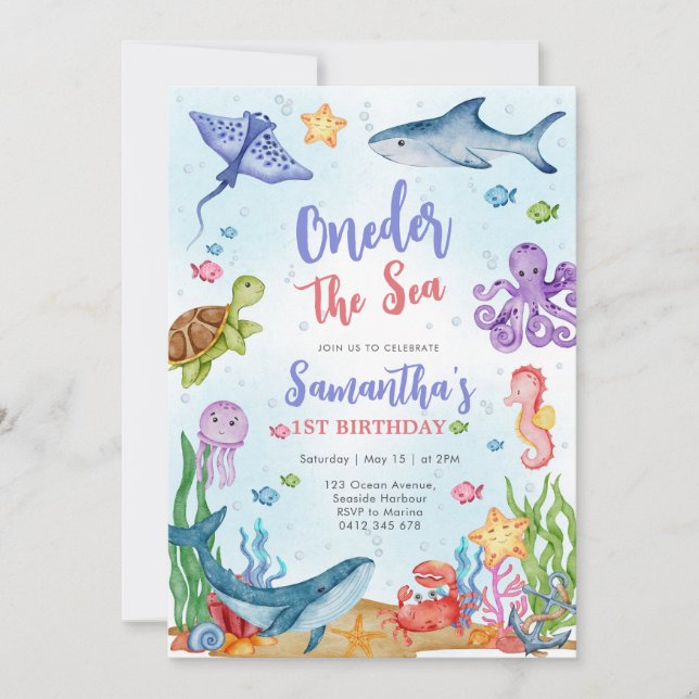 Convite Oneder the Sea Party 1st Birthday Invitation (Frente)