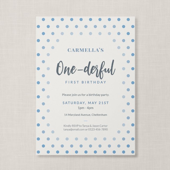 Convite Onederful Azul Francês de Bolinhas Primeiro Aniver ( Blue Polka Dot - One-derful First Birthday Invitation, Front)