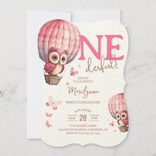 Convite Onederful Balão de Ar Quente Cor-de-Rosa Coruja 1º