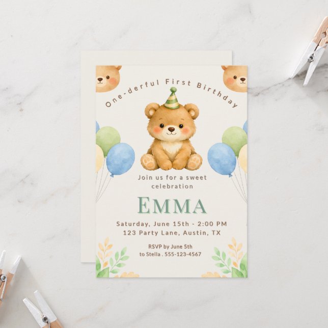 Convite Onederful Bear First Birthday Party Invitation (Frente/Verso In Situ)
