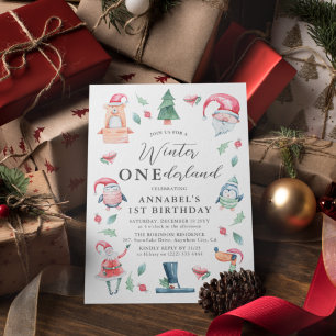 Convite ONEderland de Inverno Aniversário de 1 ano Aquarel