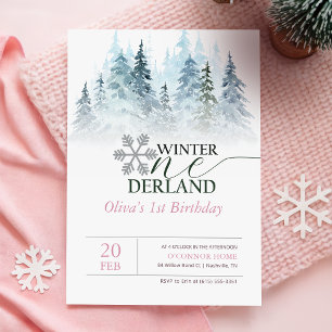 Convite ONEderland de Inverno Floresta Nevada Aniversário