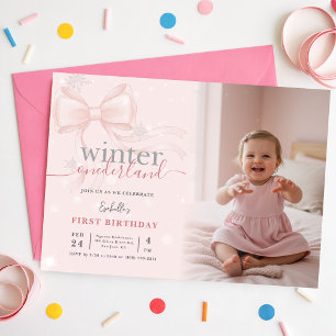 Convite ONEderland de Inverno Foto Laço Rosa Primeiro Aniv
