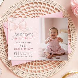 Convite ONEderland de Inverno Foto Laço Rosa Primeiro Aniv