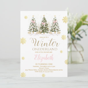 Convite ONEderland de Inverno Rosa & Dourado 1º Aniversári