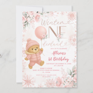Convite ONEderland de Inverno Urso Rosa Balão 1º Aniversár