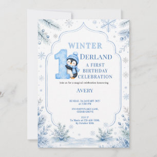 Convite ONEderland Pinguim Neve Azul Inverno 1º Aniversári