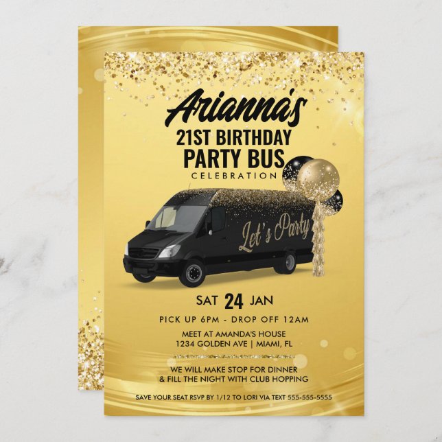 Convite Ônibus de festa preto e dourado (Frente/Verso)