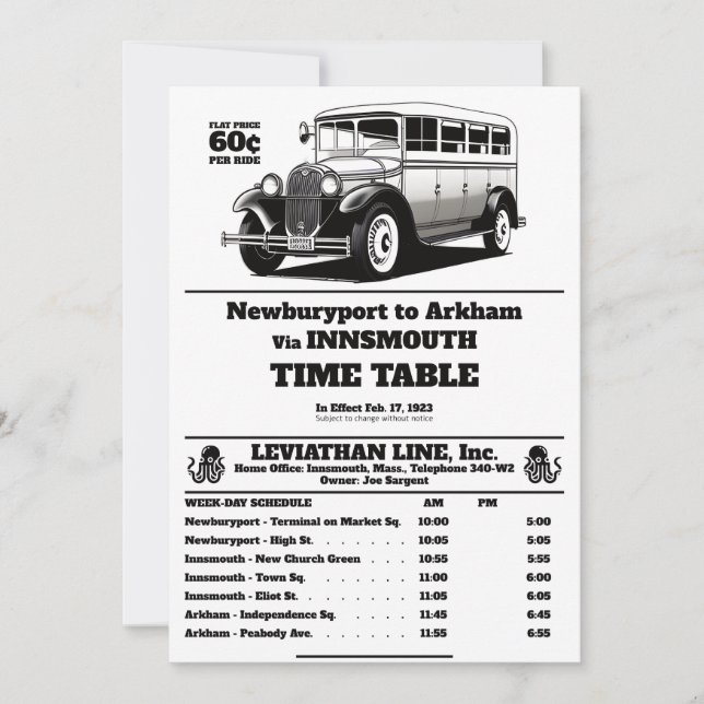 Convite Ônibus Innsmouth Schedule Joe Sargent (Frente)