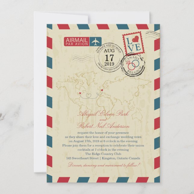 Convite Ontário Canada & Belgium Vintage Airmail Wedding (Frente)
