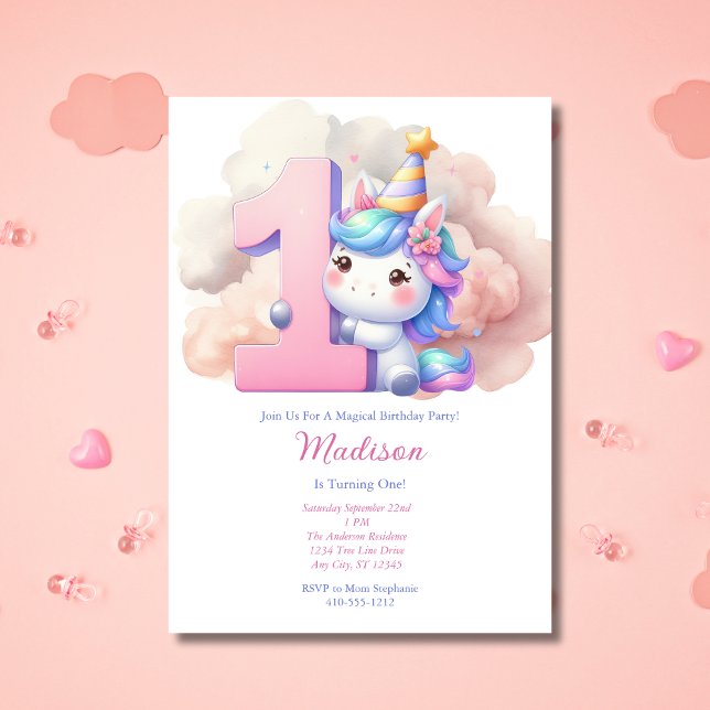 Convite Ontem, 1ª rua Rosa Púrpura, Unicórnio (Unicorn 1st First Birthday party Invitation. Girls, Pink blue purple, watercolor. Printed or Digital)