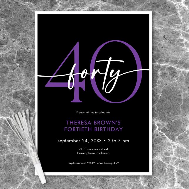 Convite Ontem, 40 Script Mínimo Roxo Moderno (Modern Minimal Purple Forty Script Birthday Invitation)