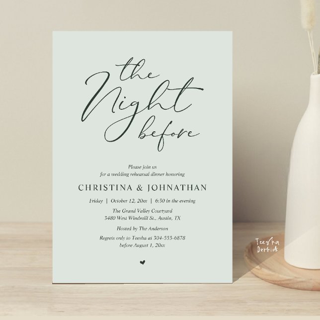 Convite “Ontem à Noite” Jantar de Ensaios Dusty Rose (“The Night Before” Elegant Script Romantic Rehearsal Dinner Invitation Card Sage Garden)