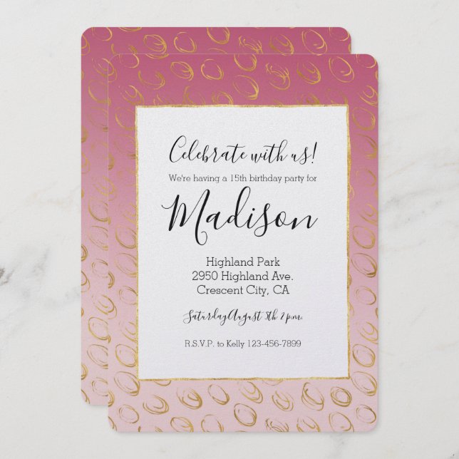 Convite Ontem, Círculos Chic Dourados do Ombre Rosa (Frente/Verso)