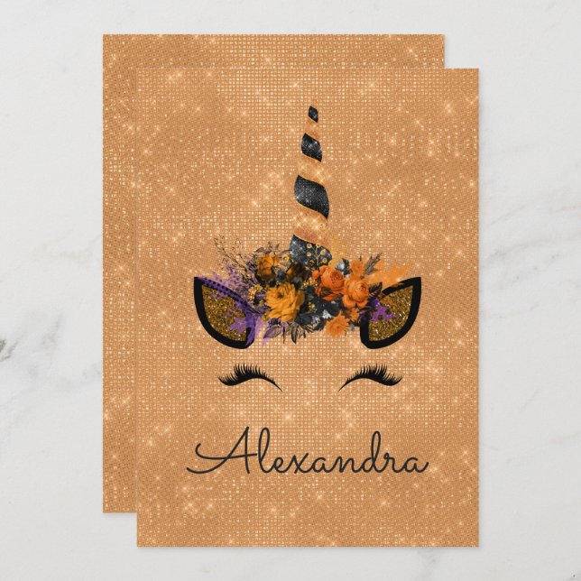 Convite Ontem do Monograma de outubro de Sparkle Unicorn (Frente/Verso)