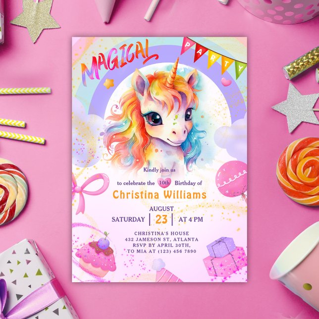 Convite Ontem do Unicorn Pink Rainbow (Unicorn Pink Rainbow Birthday Invitation)
