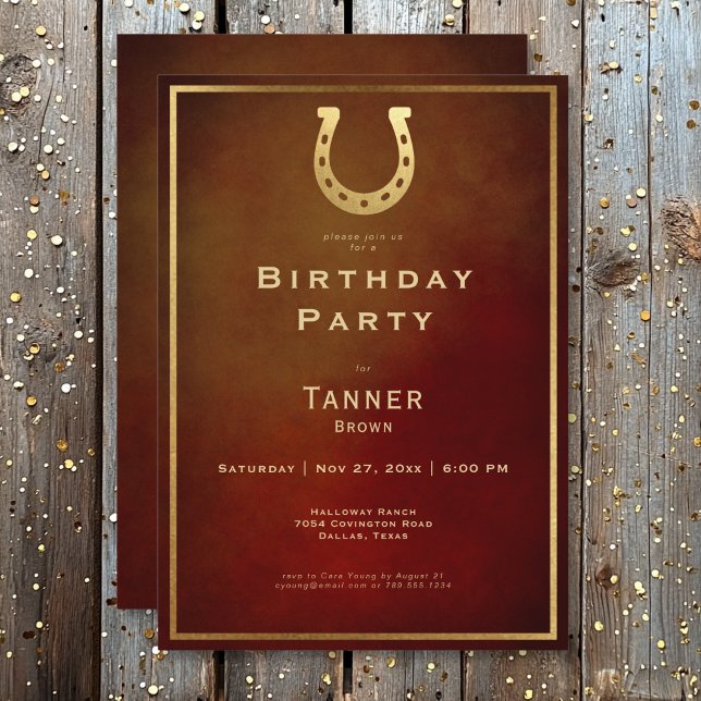 Convite Ontem Dourado da Burgundia da Fúria da Rússia Ocid (Western Rustic Horseshoe Burgundy Gold Birthday Invitation)