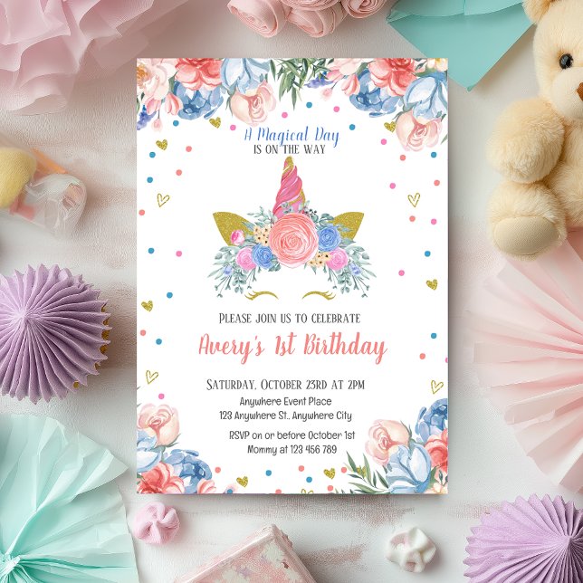 Convite Ontem Floral Rosa-Rosa-Arco-Íris Magnético (Magical Unicorn Rainbow Pink Floral Birthday Invitation)