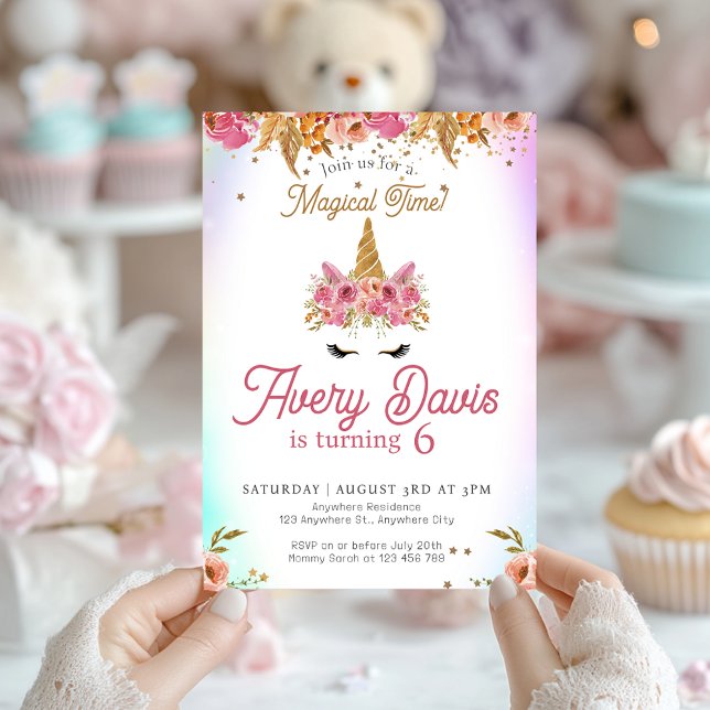 Convite Ontem Floral Rosa-Rosa-Arco-Íris Magnético (Magical Floral Pink Unicorn Birthday Invitation)