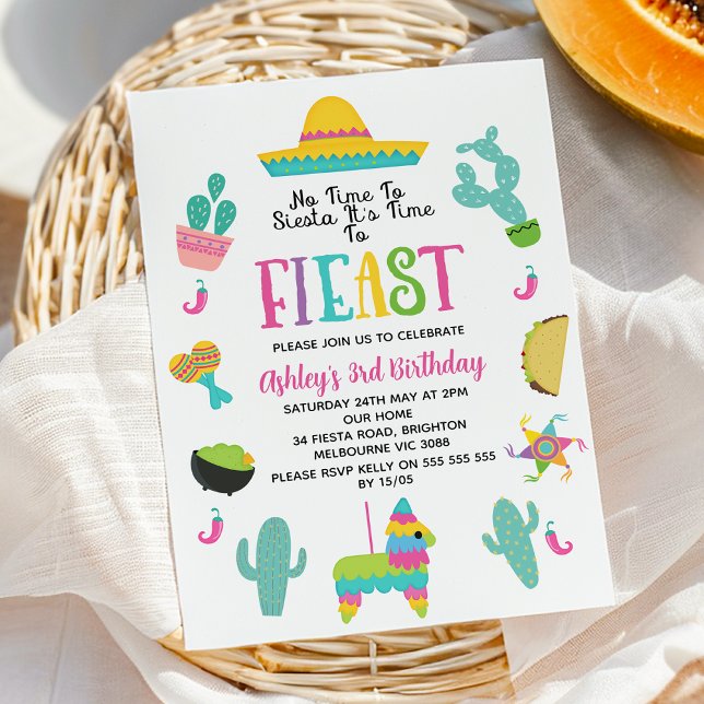 Convite Ontem, Multicolor Modern Girls Fiesta (Girls Colorful Fiesta 3rd Birthday Invitation, Birthday Fiesta Invite, Fiesta Birthday Party Invite)