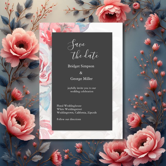 Convite onyx rosa floral seguro da data (Criador carregado)
