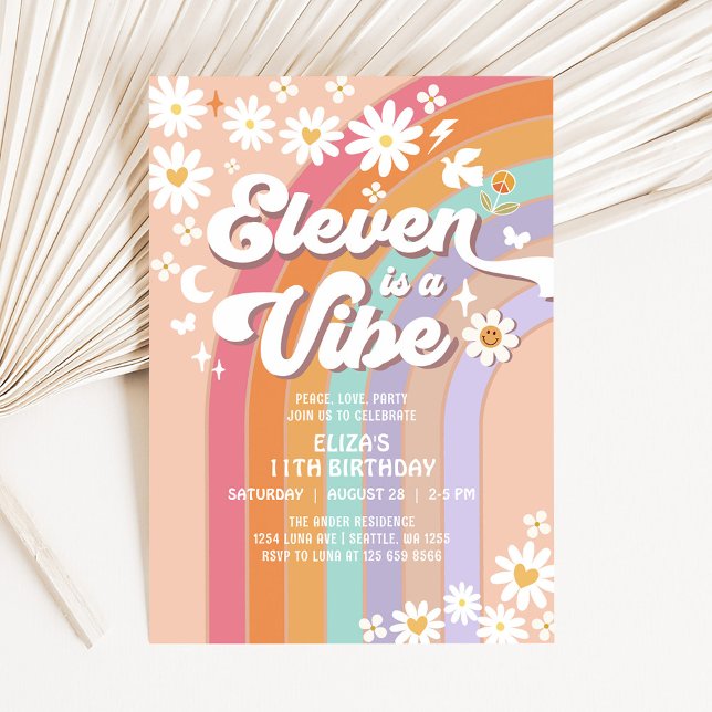 Convite Onze é um Aniversário Daisy Rainbow Groovy Vibes (Criador carregado)