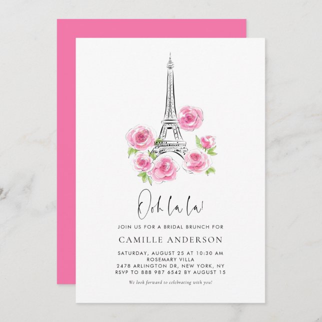 Convite Ooh la Eiffel Tower Pink Floral Bridal Brunch (Frente/Verso)