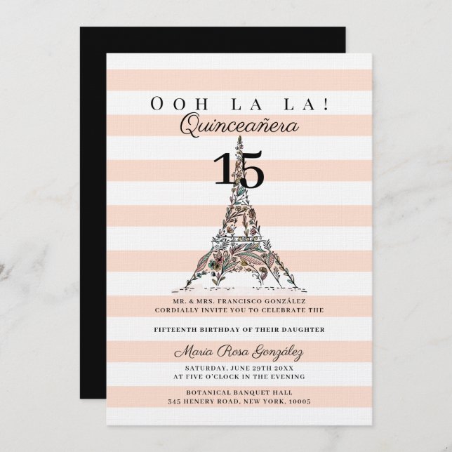 Convite Ooh La Floral Eiffel Tower Paris Quinceañera (Frente/Verso)