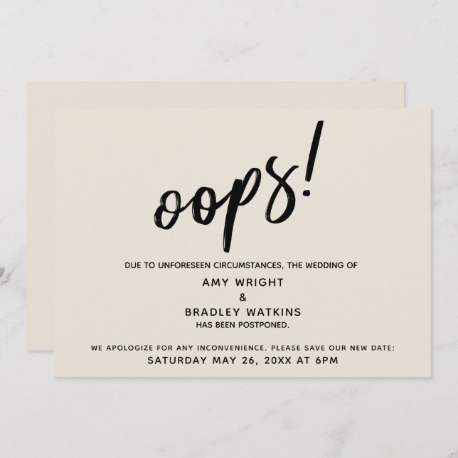 Convite "Oops" Humorosos de Casamento Adiado! Creme Card (Frente/Verso)
