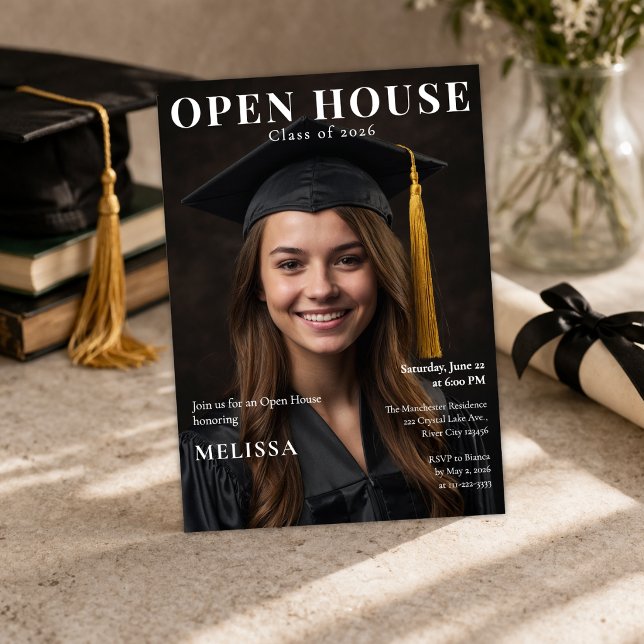 Convite Open House Graduation Photo Invite (Editable open house graduation invite with modern magazine style design)