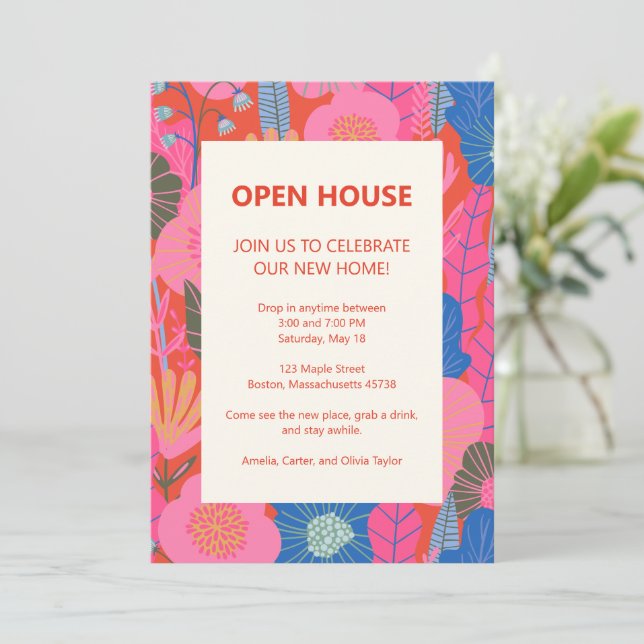 Convite Open House Tropical Floral Pink Red Housewarming (Em pé/Frente)