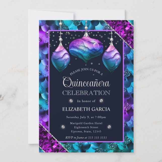 Convite Ópera Azul e Roxo Ornações Sereias Quinceanera (Frente)