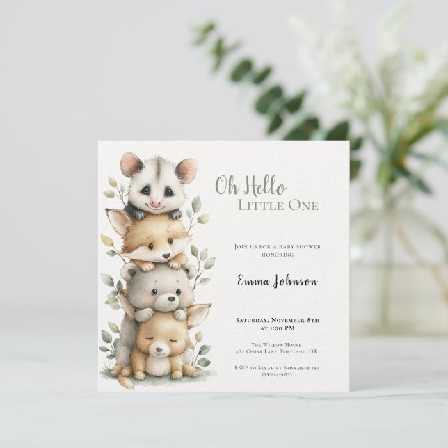 Convite Opossum Woodland Baby Shower Invitation (Em pé/Frente)
