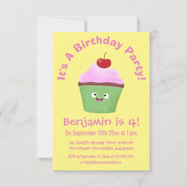 Convite Óptica ilustração do desenho animado do cupcake fe (Frente)