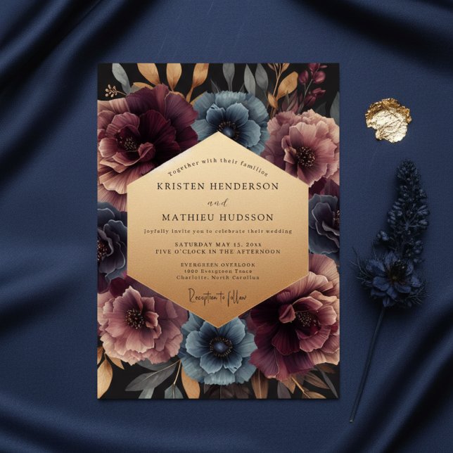 Convite Opulência Floral Ameixa Profunda Casamento (Criador carregado)