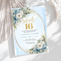 Opulent Dusty Blue Gold Sweet Sixteen Invitation