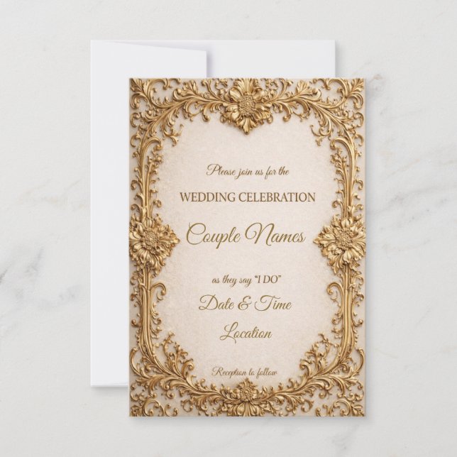 Convite Opulent Gold Scrollwork Wedding Invitations (Frente)