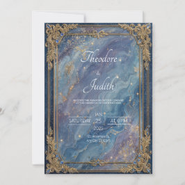 Convite Opulento Barroco Dourado Celestial Mármore Azul Ca