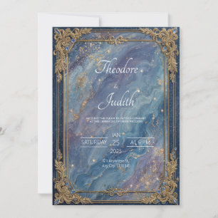 Convite Opulento Barroco Dourado Celestial Mármore Azul Ca