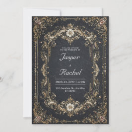 Convite Opulento Barroco Preto Dourado Floral Branco Casam